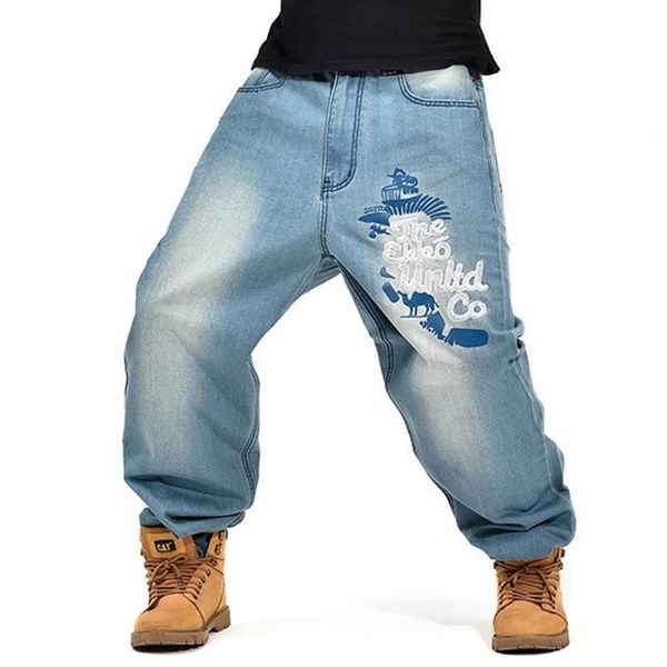 

men's jeans men street dance hiphop fashion embroidery blue loose board denim pants overall male rap hip hop plus size 46286b