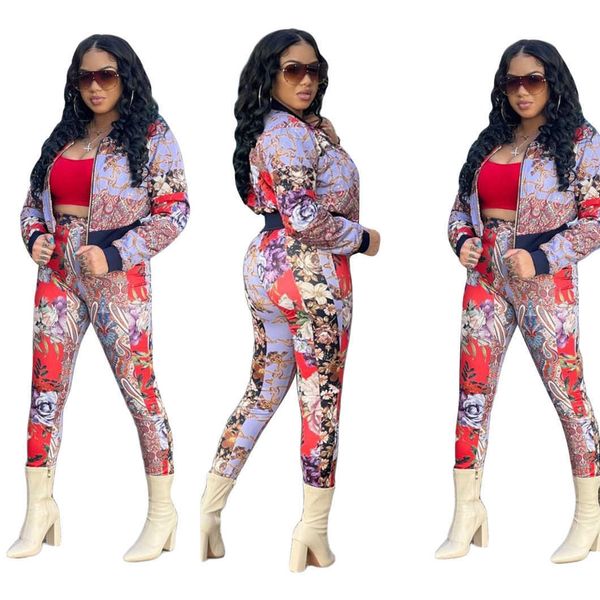 

women zipper two piece pants tracksuit outfits fashion floral print jacket and sweatpants sets, White