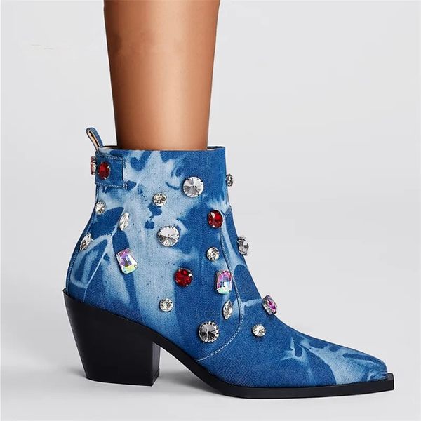 

women's denim gemstone ankle boots pointed toe wedge heels chelsea short boots female catwalk nightclub casual booties, Black
