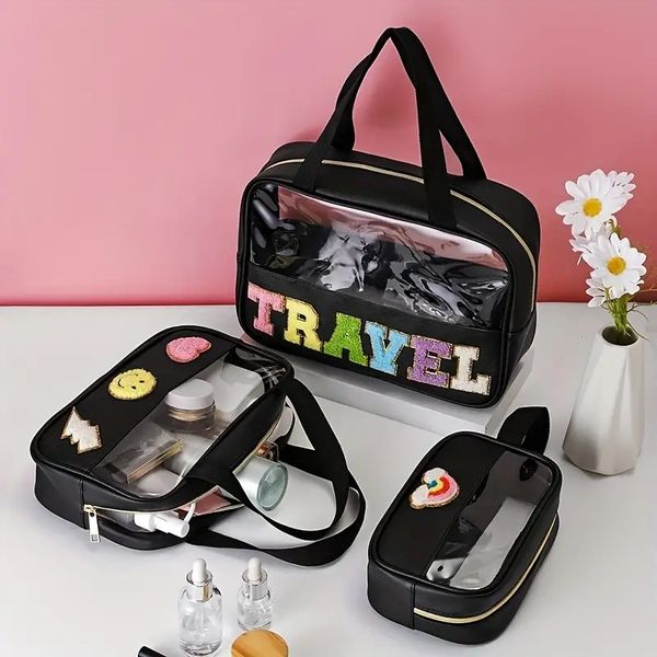 

3-pcs travel cosmetic bags, fashion chenille letter pattern transparent makeup bags, versatile toiletry wash bag