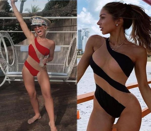 

2020 illusion women summer swimwear one shoulder jumpsuits sleeveless clothing party wear bathing suits casual apparel one pi9839498, Black;gray