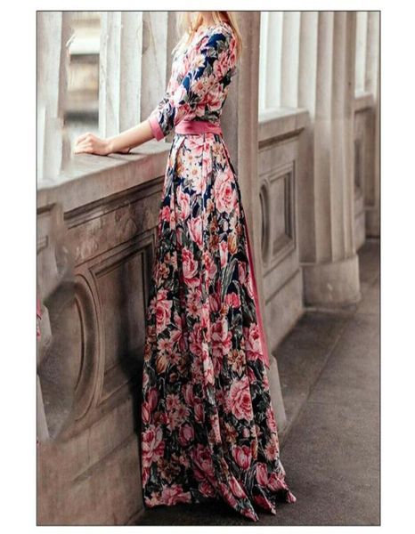 

casual dresses elegant vintage women maxi dress bohemian floral retro bow knot belted 34 sleeve high waist oneck long9342557, Black;gray
