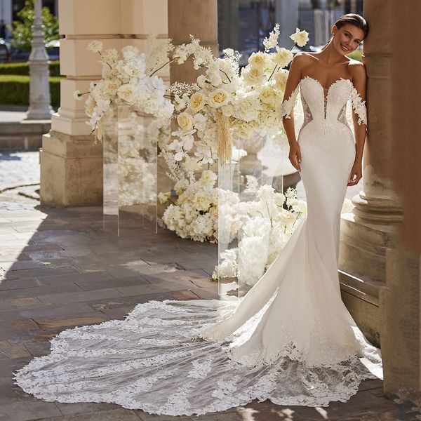 

exquisite wave details train mermaid wedding dresses off the shoulder illusion lace applique bridal gown cutaway side vestido novia mariage, White