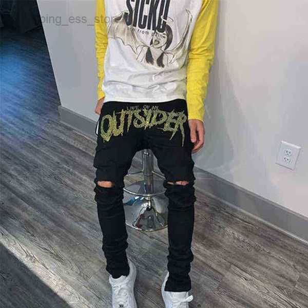 

new men's black jeans jogging retro high waist rhinestones skinny design hole drilling stretch small feet washed denim pants 29, Blue