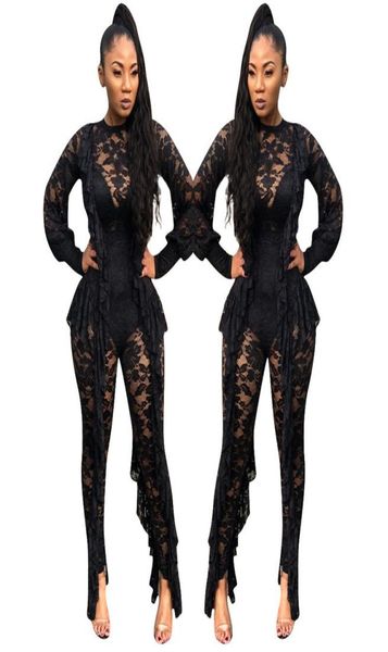 

long sleeve sheer black lace jumpsuit bodysuit women see through ruffle party club wear one piece bodycon jumpsuit rompers t54602982, Black;white