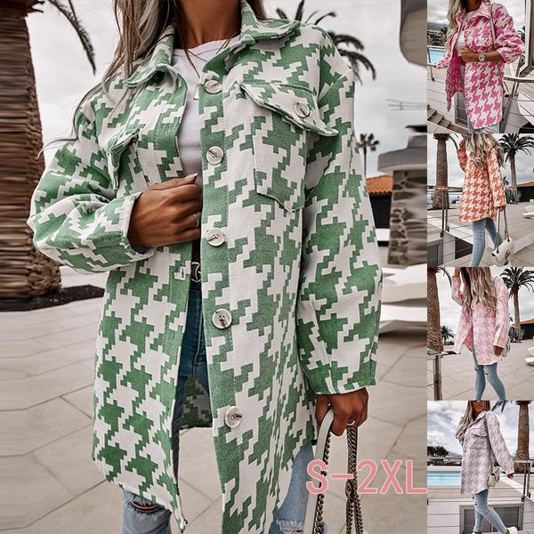 

womens jackets fallwinter plaid printed coat singlebreasted folded jacket fashion pocket loose houndstooth ladies long 230818, Black;brown