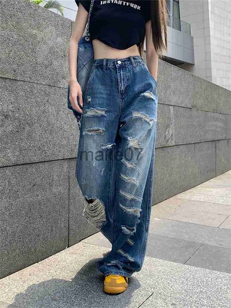 

women's jeans alien kitty hole jeans women new loose vintage summer straight daily all match streetwear high waist casual office wear d, Blue