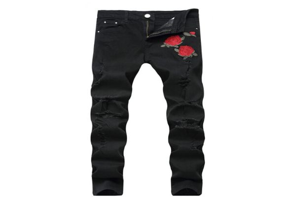 

rose embroidery jeans fashion blue black ripped male tide slim pants7947814