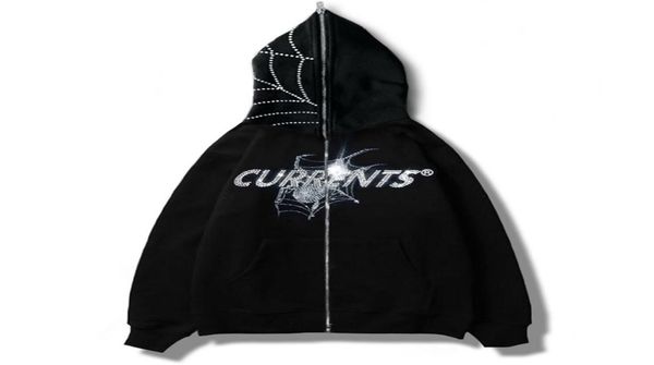 

mens hoodies sweatshirts spider diamond men zipper hoodie gothic letter graphic punk clothes teen oversized sweatshirts zip up str4556831, Black