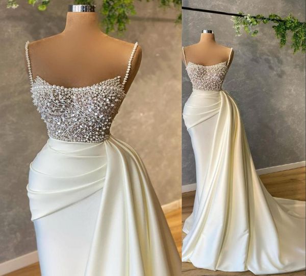 

2021 luxury pearls spaghetti straps prom dresses mermaid evening dress beading sequins ruched satin sweep train party gowns o5180592, Black