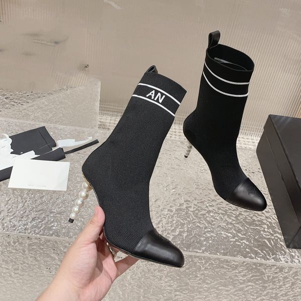 

luxury designer sock boots channel women ankle booties winter leather boot martin platform letter ccity hfdf, Black