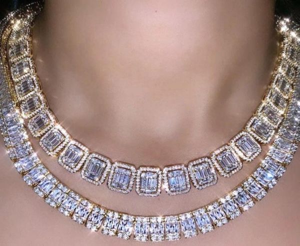 

2020 hip hop new fashion baguette tennis chain choker necklace iced out bling 5a cz link chain women delicate whole jewelry5042464, Golden;silver