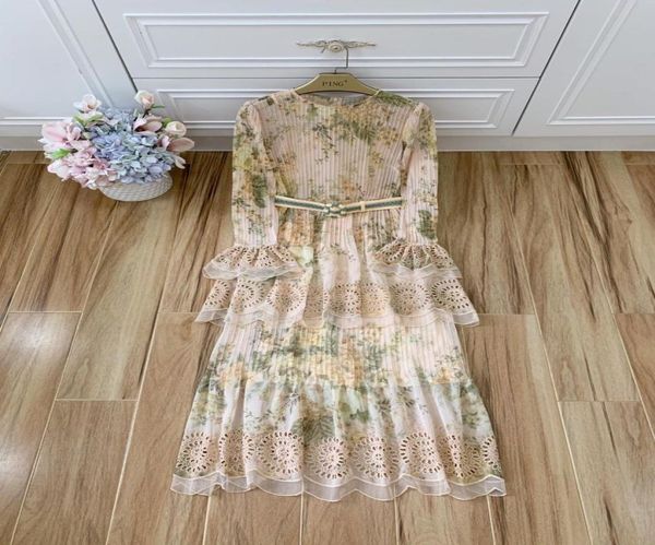 

european station retro floral hollowout mosaic lotus sleeve dress ladies elegant pressure pleated holiday dress5967312, Black