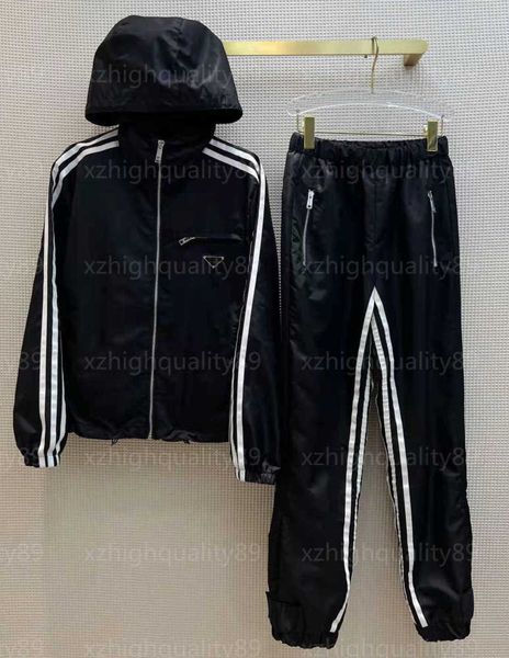 

womens tracksuit pants two piece set striped sportswear hooded zip jacket elastic waisted sweatpants black windbreaker designer tracksuits w, Gray