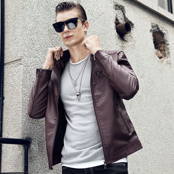 

men's jackets european and american men's jacket motorcycle leather jacket stand collar solid color men's washed leather jack, Black;brown