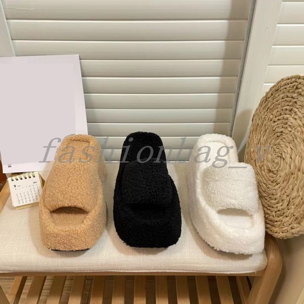 

designer slippers women thick sole waterproof platform wool slippers sponge cake thick sole warm slide indoor comfortable shoe, Black
