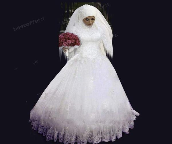 

a line wedding dresses with hijab beaded crystals high neck long sleeve dress lace sequined appliques floor length muslim bridal g4261676, White