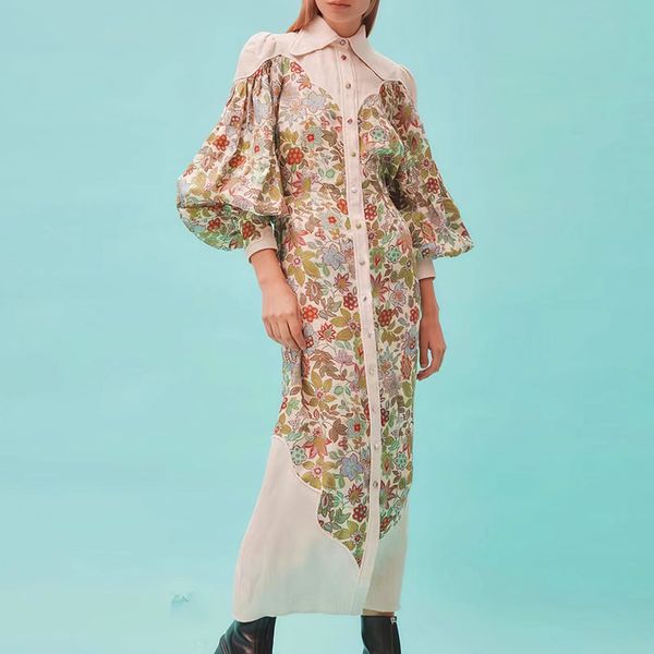 

australian dress early autumn vintage flower print category lantern sleeves, slim fit shirt dress long dress, Black;gray