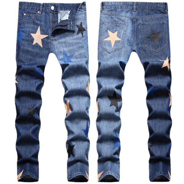 

men's jeans fall hip hop style double wash heavy industry cat beard full spray printed five point star small straight barrel, Blue