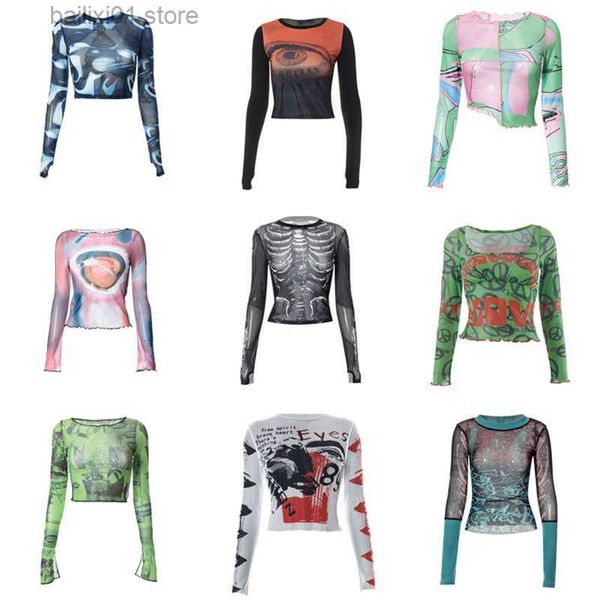 

women's t-shirt graphic print green mesh sheer t-shirt long flare sleeve slim crop see trough women y2k vintage grunge t230818, White