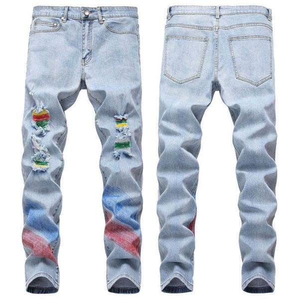 

men's jeans new elastic broken hole hand painted colorful brush painting fashion, Blue