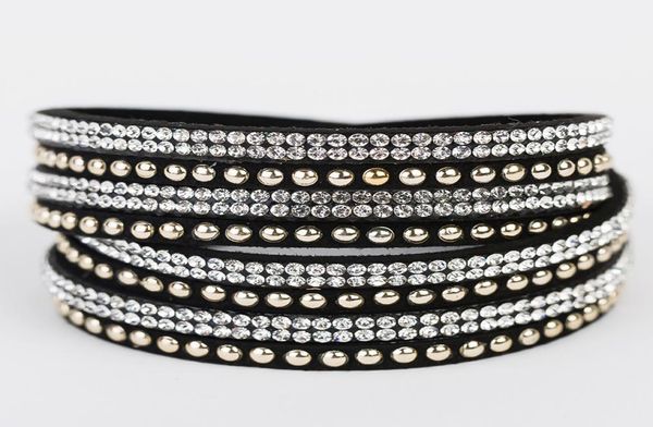 

double wrap leather rhinestone bracelets crystal multilayer braided leather bling double wrap bohemian leather bracelet for women3690328, Golden;silver