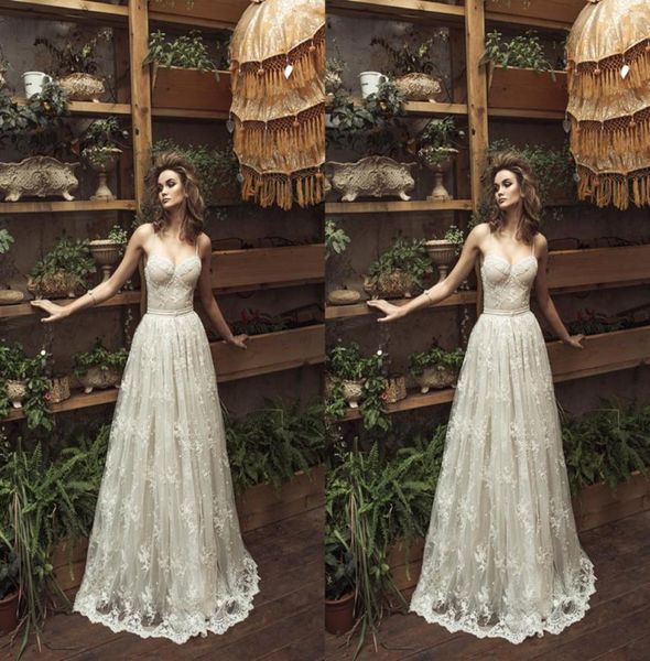 

2019 julie vino wedding dresses a line spaghetti appliques belt lace wedding dress illusion bodice vintage garden beach boho weddi8335592, White