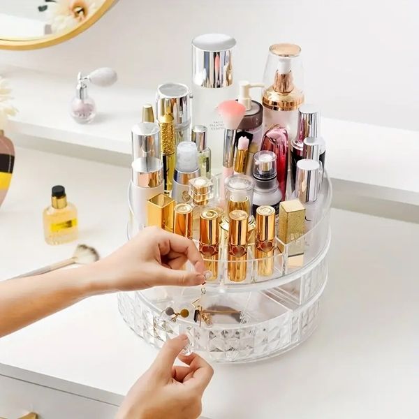 

360Â° rotating makeup organizer, bathroom makeup carousel spinning holder rack, large capacity cosmetics storage vanity shelf counter fits co