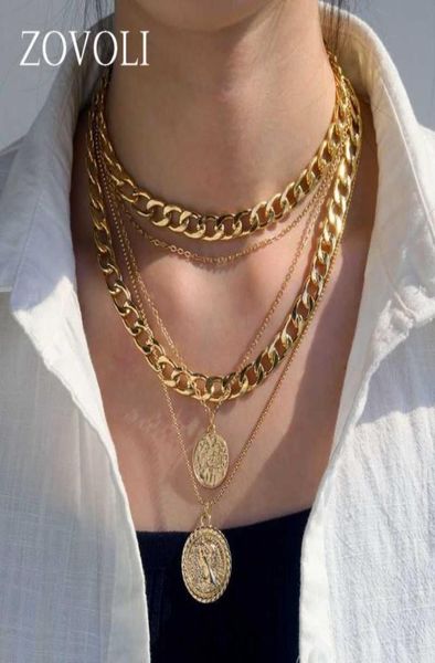 

zovoli punk vintage layered portrait coin pendan necklace set chunky thick cuban link chains choker necklaces for women jewlery3296357, Silver