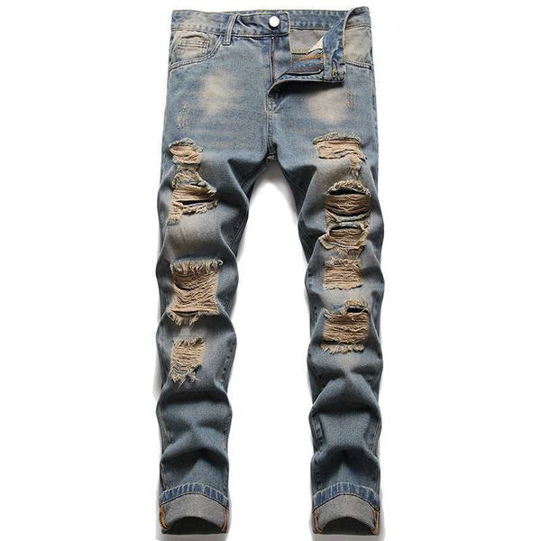

men's jeans denim new slim fit straight barrel perforated, Blue