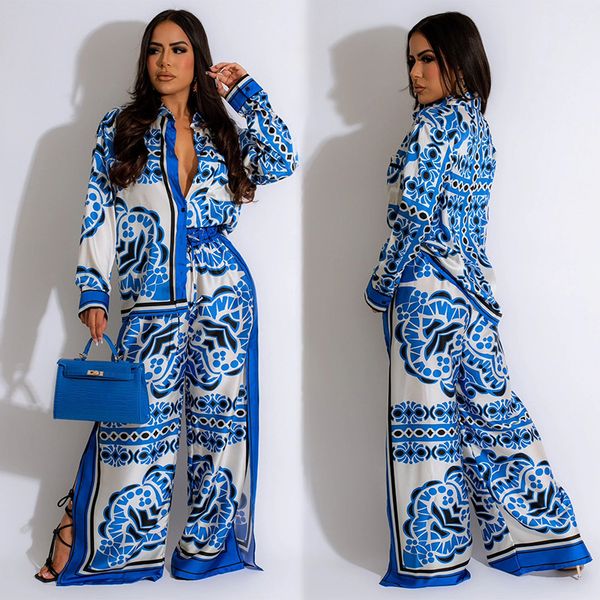 

womens two piece pants fashion printed casual set women autumn long sleeve turndown collar shirts wide legs pant streetwear office 230817, White