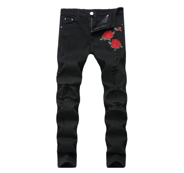 

rose embroidery jeans fashion blue black ripped male tide slim pants4630601