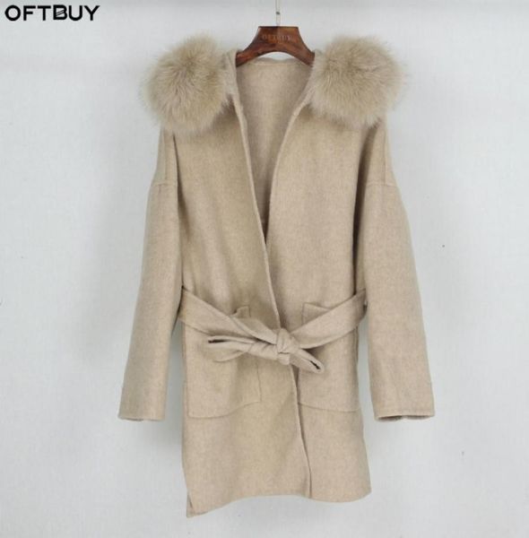 

oftbuy 2020 new oversize loose cashmere wool blends real fur coat winter jacket women natural fox fur collar hood outerwear belt7593924, Black