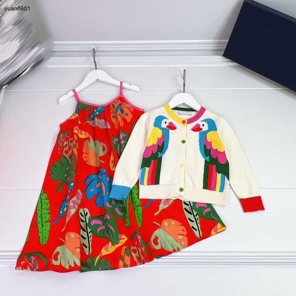 

luxury designer kids tracksuits girls dress size 90-160 cm 2pcs colorful pattern printed knitted cardigan and suspender dress june27, White