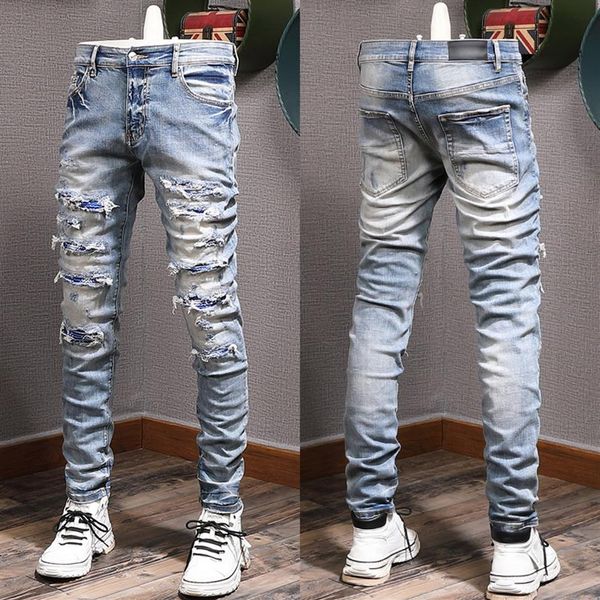 

color rip jeans man biker jeans slim fitness fade washed denim pants228h, Blue