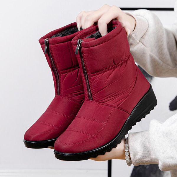 

size 35-44 waterproof snow boots designer black red navy blue women winter warm plush ankle booties front zipper non slip cotton padded outd