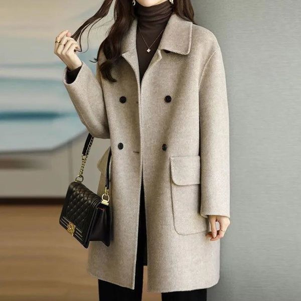 

womens jackets women solid wool blend coat female vneck button outwear medium length double breasted black classic college style 230818, Black;brown