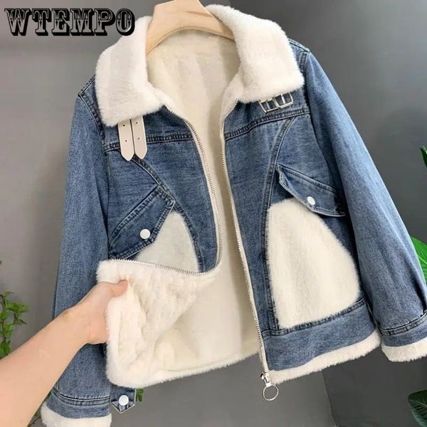 

women's jackets wtempo winter women warm fur collar denim jackets spliced lapel vintage plush zipper parkas girl's casual thick co, Black;brown