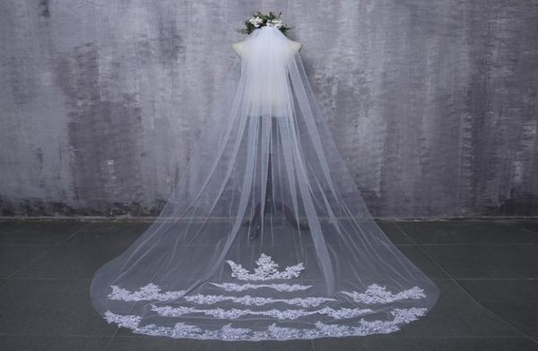 

2019 bride veils white applique tulle 3 meters veu de noiva long wedding bridal accessories lace veil7645764, Black