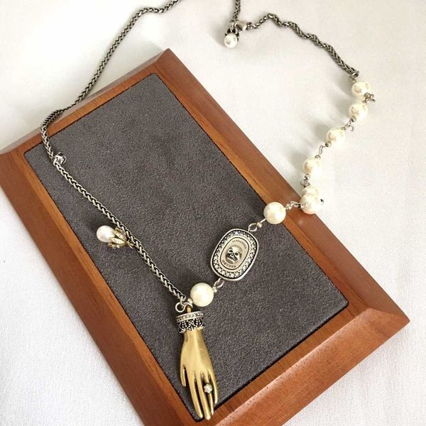 

fashion designer alexander 22 skeleton ghost hand pearl necklace for women with a high sense personalized style collar chain, Black