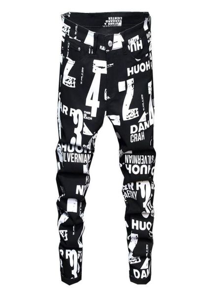 

european and american digital printing jeans mens letter graffiti painted skinny pants hip hop casual stretch denim trousers2282406, Blue