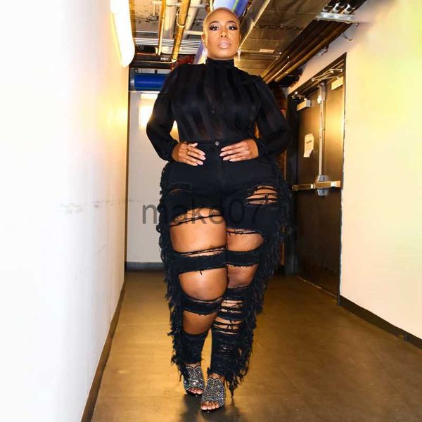 

women's jeans plus size 5xl jean for women fringed high waist denim trouser lady ripped hole pants 2023 summer female wholesale clothes, Blue