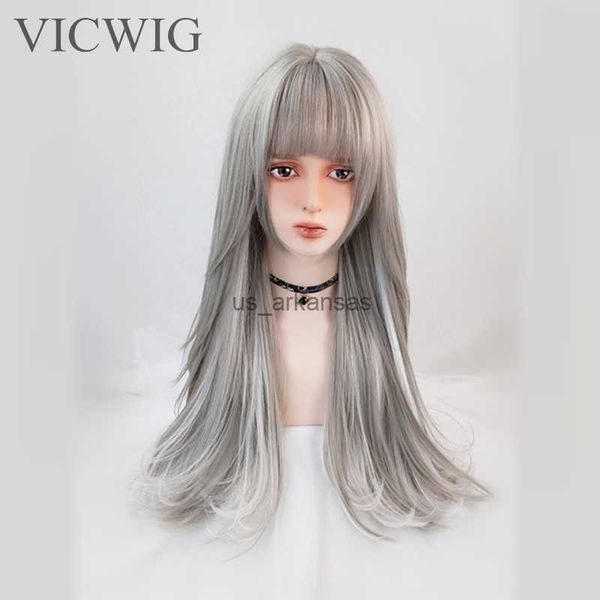 

synthetic wigs vicwig synthetic wig lady long gray highlighting straight wig with bangs for women heat-resistant rose net hkd230818, Black