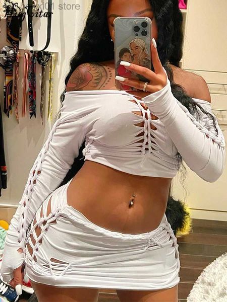 

two piece dress hugcitar solid o neck long sleeve cut out draped slim crop skirt 2 pcs set 2022 fall elegant y2k outfit birthday party t2308, White