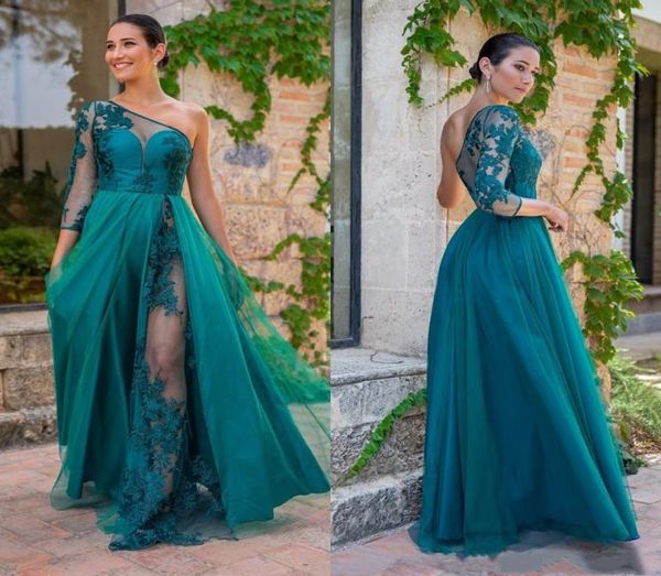 

turquoise lace one shoulder evening dress 34 long sleeve sheer neck high slit elegant 2020 new prom party gown custom size5139556, Black;red