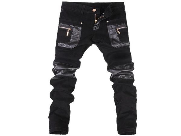 

whole korean style cool fashion mens punk pants with leather zippers black color tight skenny plus size 33 34 36 rock trouser2259905