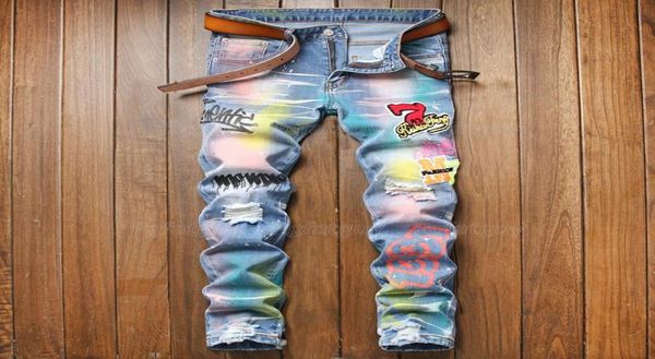 

splattered ink colorful printing ripped patch men039s jeans small straight slim microelastic trendy pants pantalons pour homme7171966, Blue