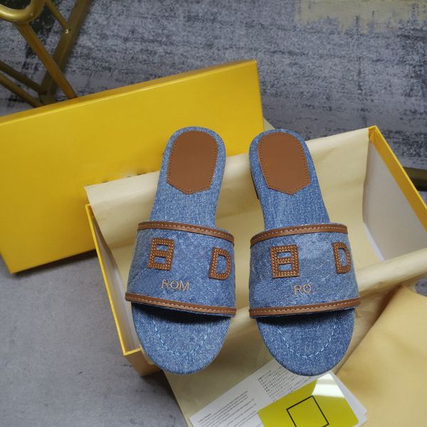 

denim mules slippers slides slip on sandals flat heels round toe for grils women luxury designers leather sole fashion casual shoes factory, Black