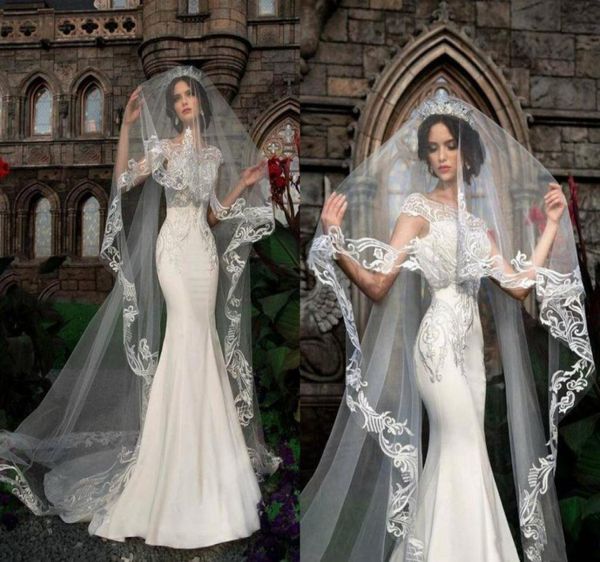 

2019 elegant bridal veils lace appliqued 3m long one layer cathedral length voiles de mariage customized wedding veil2297001, Black