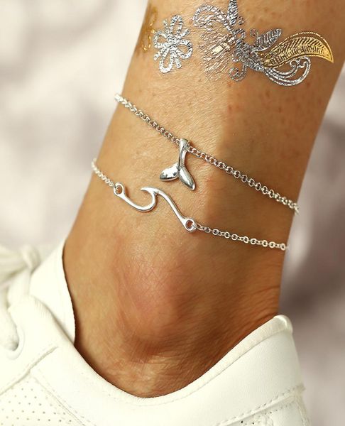 

simple silver color double layered anklets for women summer beach fish tail wave foot chain ankle bracelets on leg jewelry5842075, Red;blue